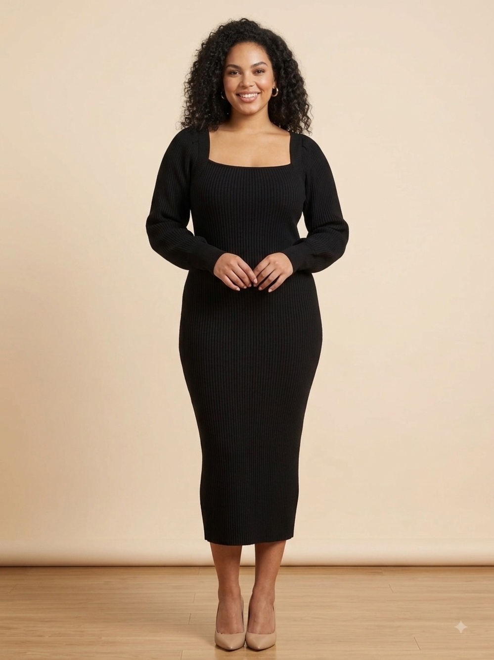 Black Ribbed Square-Neck Long Sleeve Midi Dress
